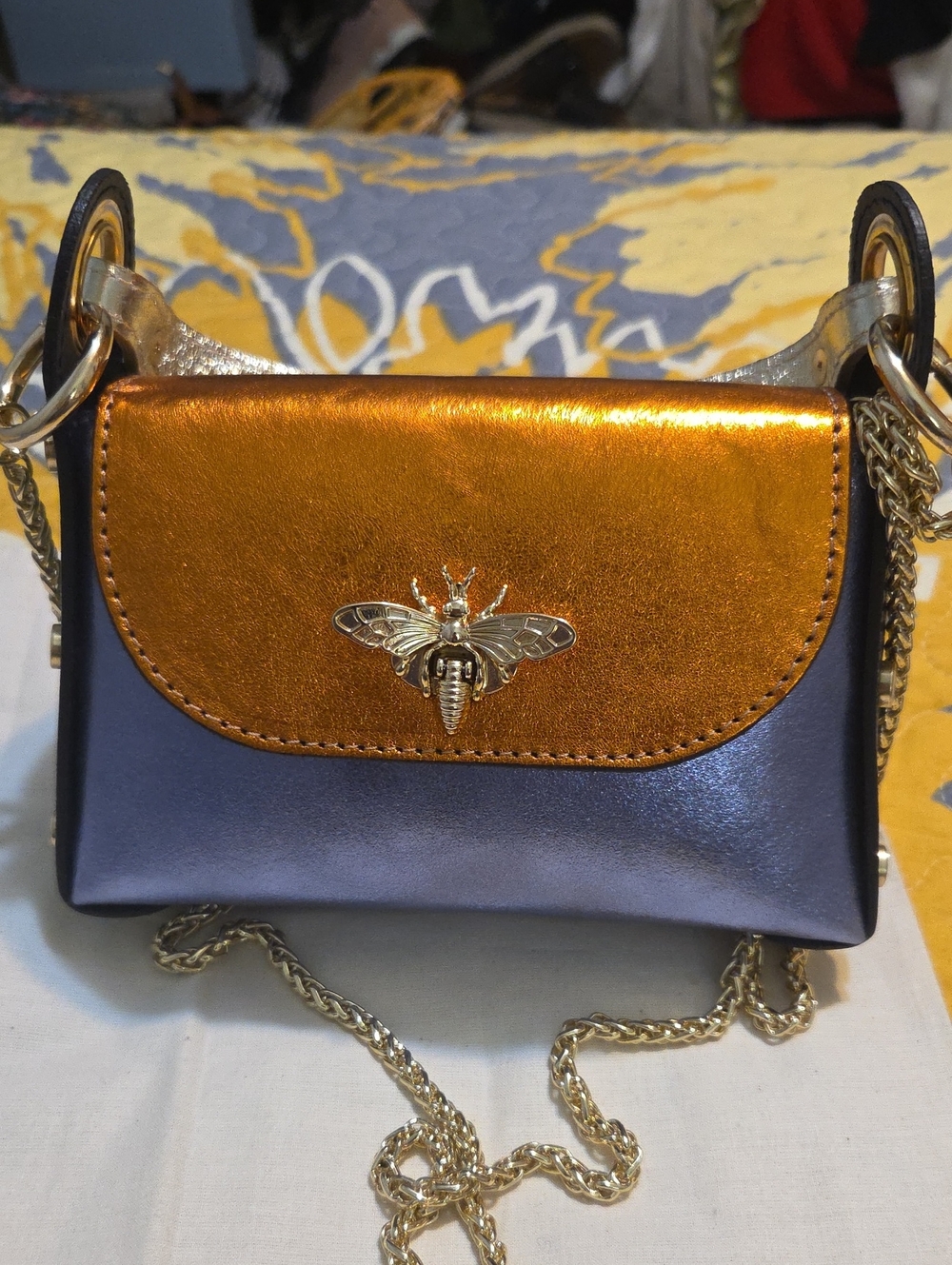 Metallic Orange and Purple Crossbody Bag with Bee Accent